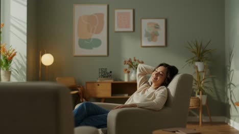 enjoying peaceful moments in a cozy living room filled with warm natural light and adorned with beautiful decorative plants