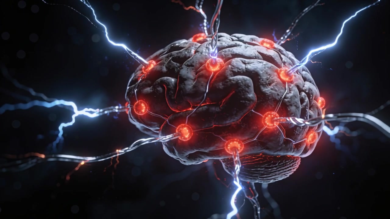 Pulsing real 3D brain rotating in dark void, cables conducting arcs initiating red node pulsing