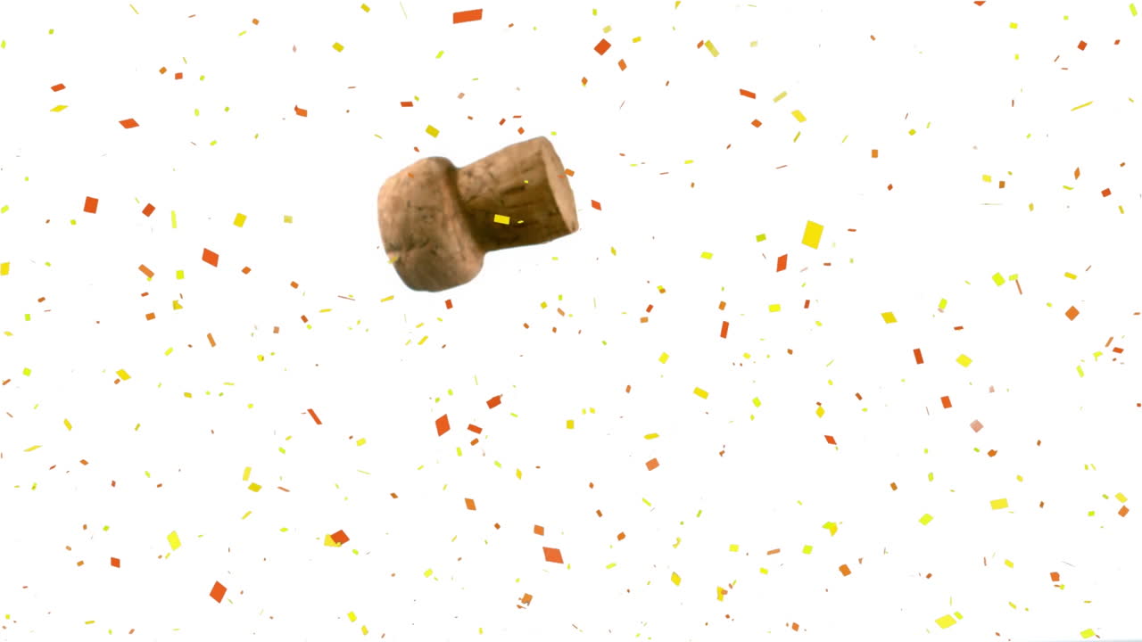Confetti falling over wine cork falling against white background