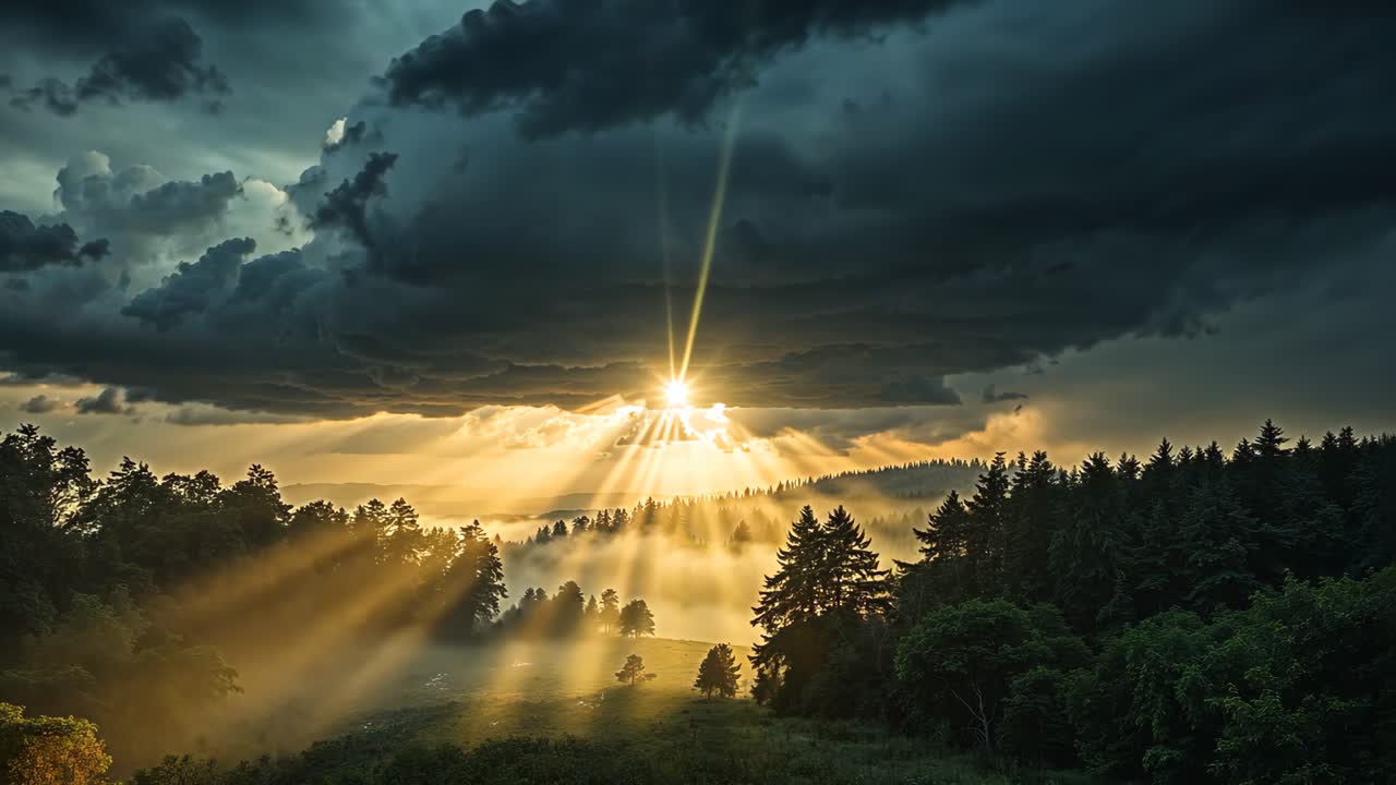 Sunbeams Through Forest Mist