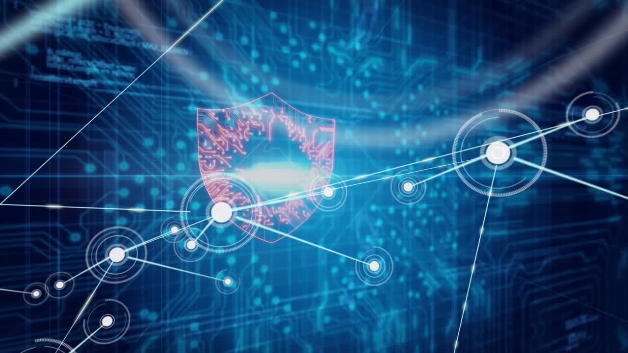 Network connections and cybersecurity shield animation over digital blue background