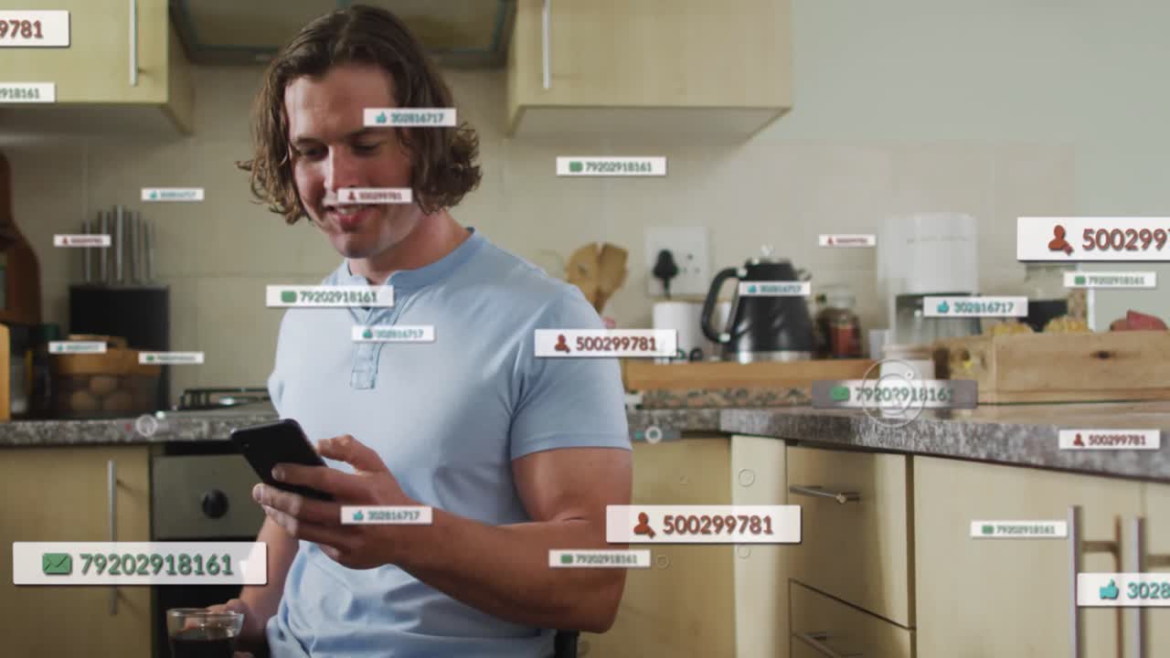 animación de iconos de las redes sociales sobre un hombre caucásico discapacitado sentado en silla de ruedas usando un teléfono inteligente