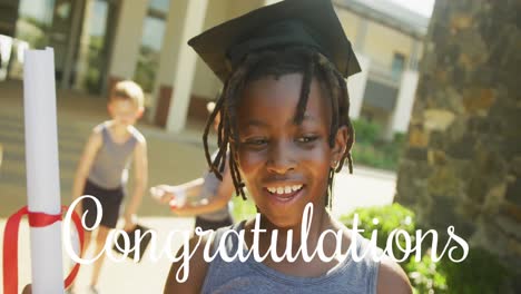 animation of congratulations text over happy african american schoolboy in mortar board with diploma