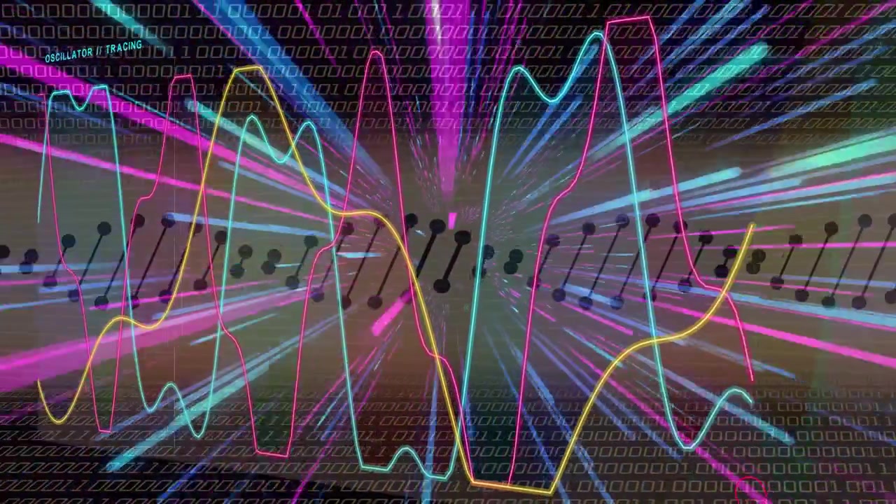 Neon streaks starting from center, dot chain oscillating, waveforms sweeping in visualizing data