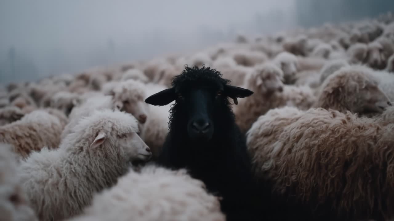 A solitary black sheep stands out amidst a dense herd of fluffy white sheep, creating a captivating contrast in a misty pastoral landscape