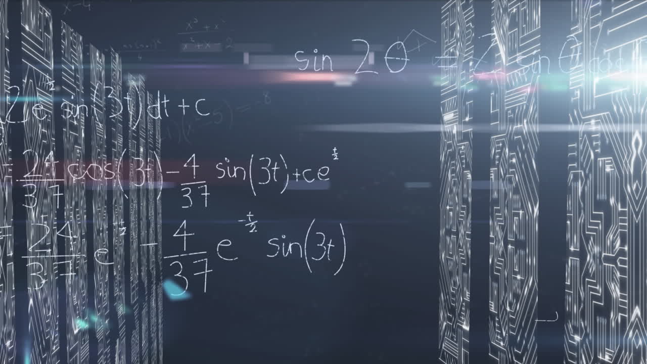 Mathematical equations moving against computers servers
