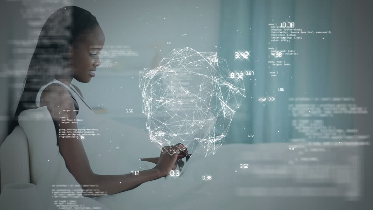 Animation of globe of network of connections data processing over woman using digital tablet