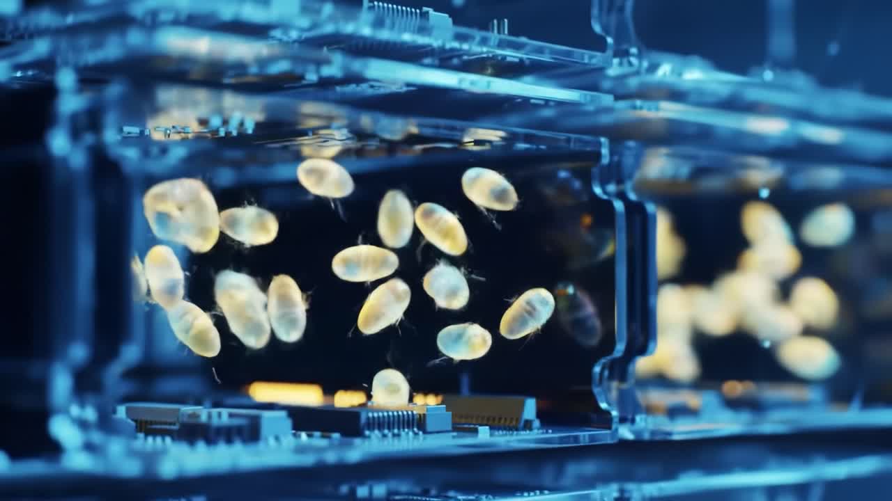 A fascinating view of bioluminescent microorganisms thriving in a specialized culture chamber. Researchers observe their unique behaviors and interactions in this controlled marine environment.