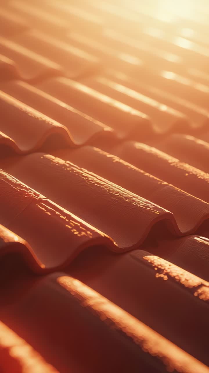 Vertical video: Glinting corrugated roof tiles, sun rising driving camera panning, making glints