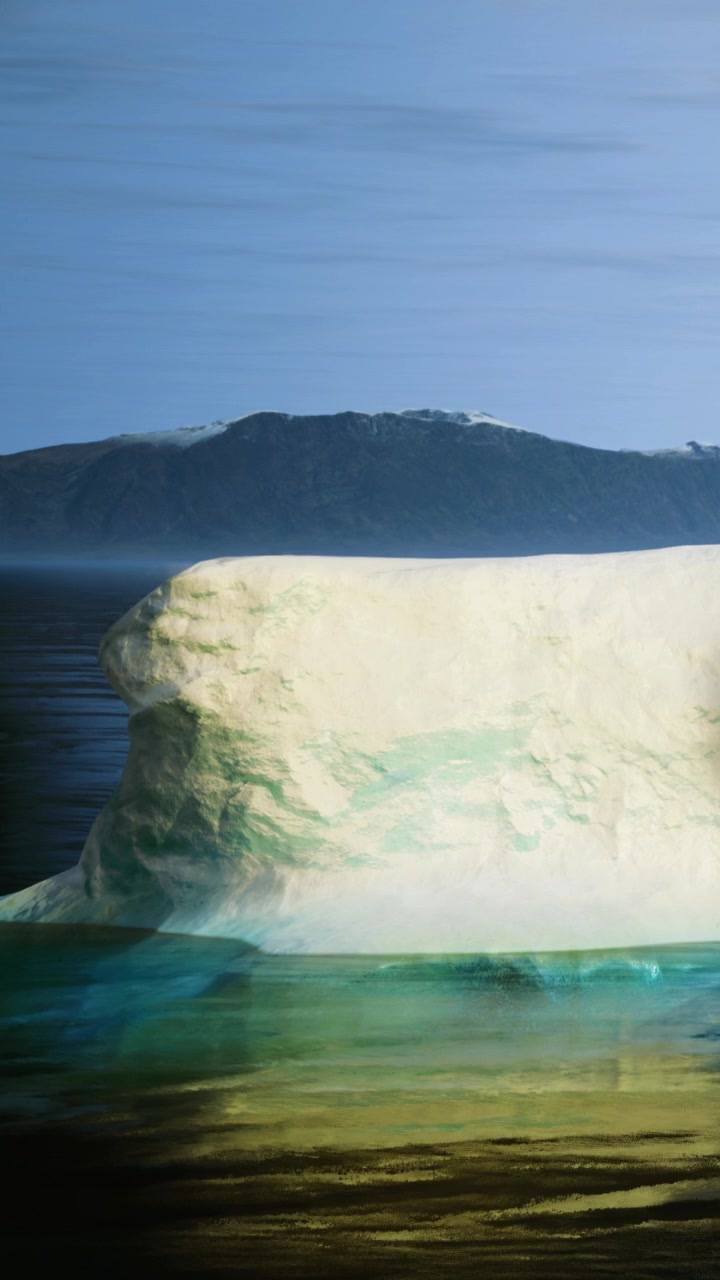 Large iceberg floating in the ocean near mountain range during daylight hours
