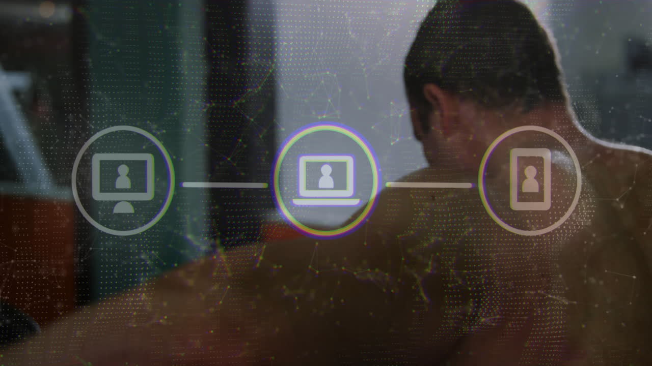 Man training in gym with floating health tech icons connecting desktop laptop smartphone devices