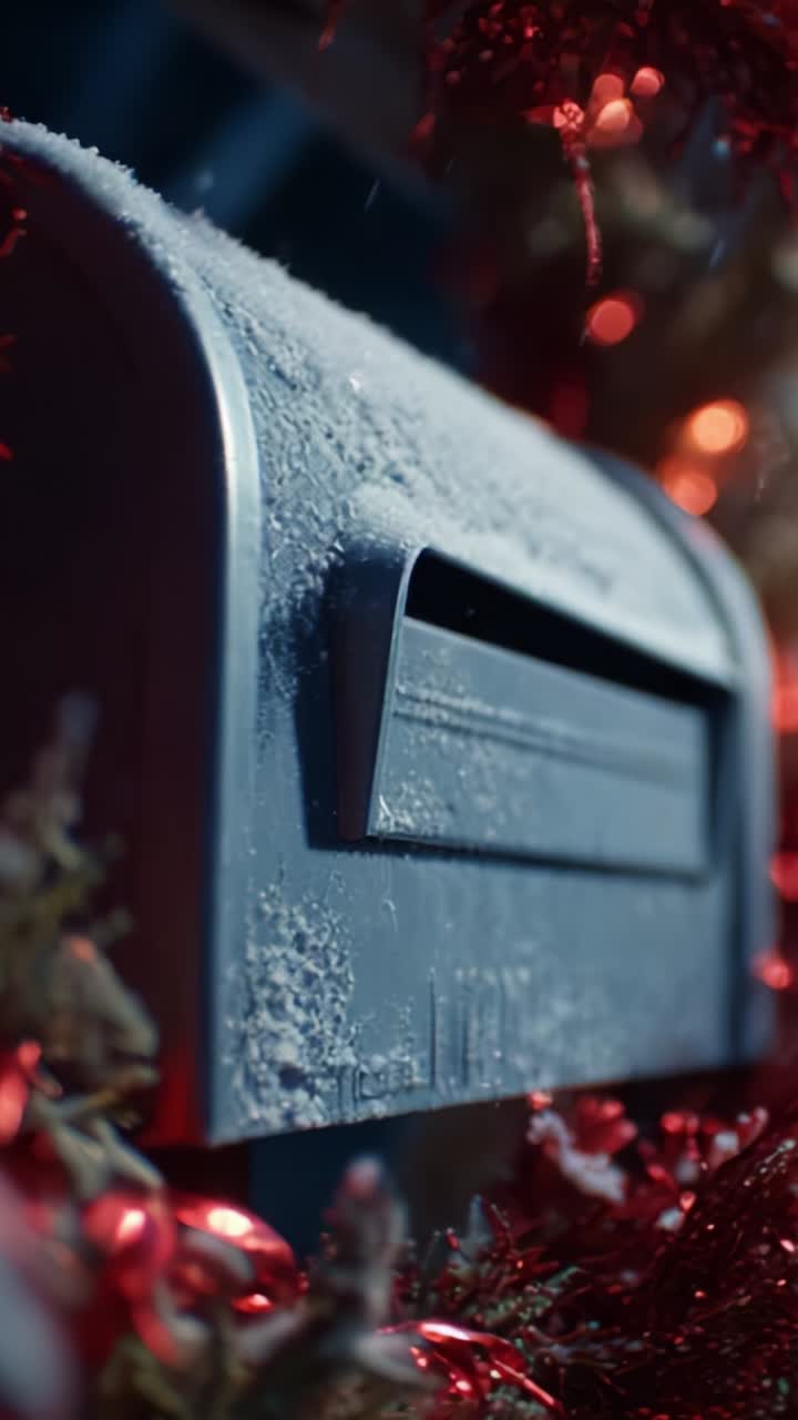 Un buzón con temática invernal adornado con decoraciones festivas y un toque de nieve, creando un ambiente navideño acogedor lleno de alegría y calidez