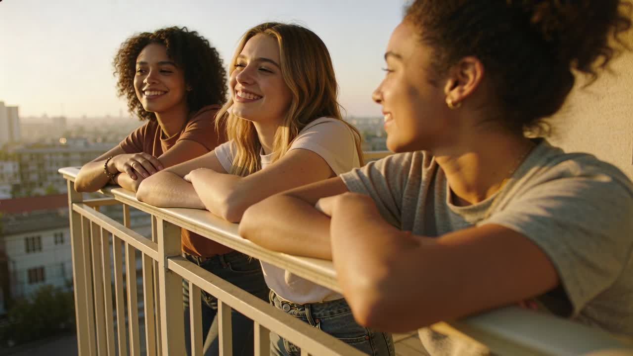 Leaning three friends in casual wear chatting watching city on balcony at sunset with metal railing