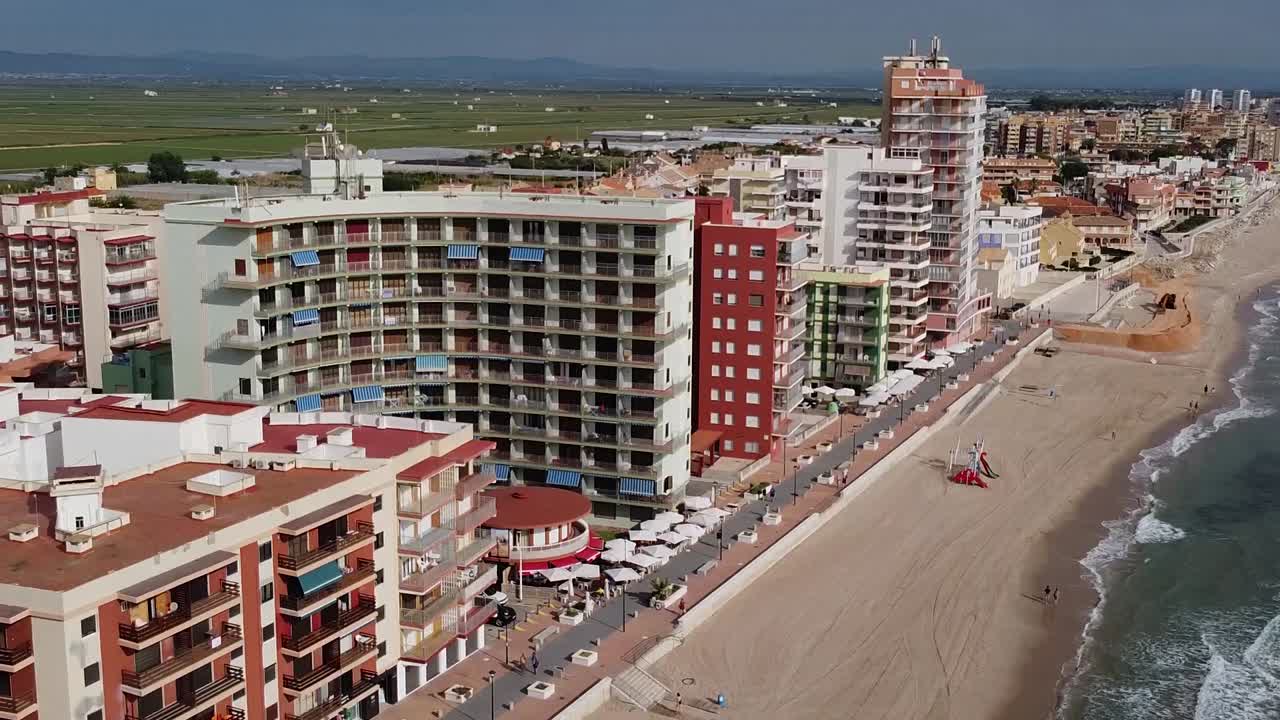 Aerial view of beach apartment area on the Mediterranean coast, Perello, Valencia, Spain
