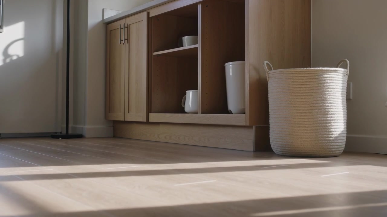 Cámara deslizándose cerca de un armario de madera y una cesta en la cocina, la luz del sol moviéndose, revelando cerámicas.