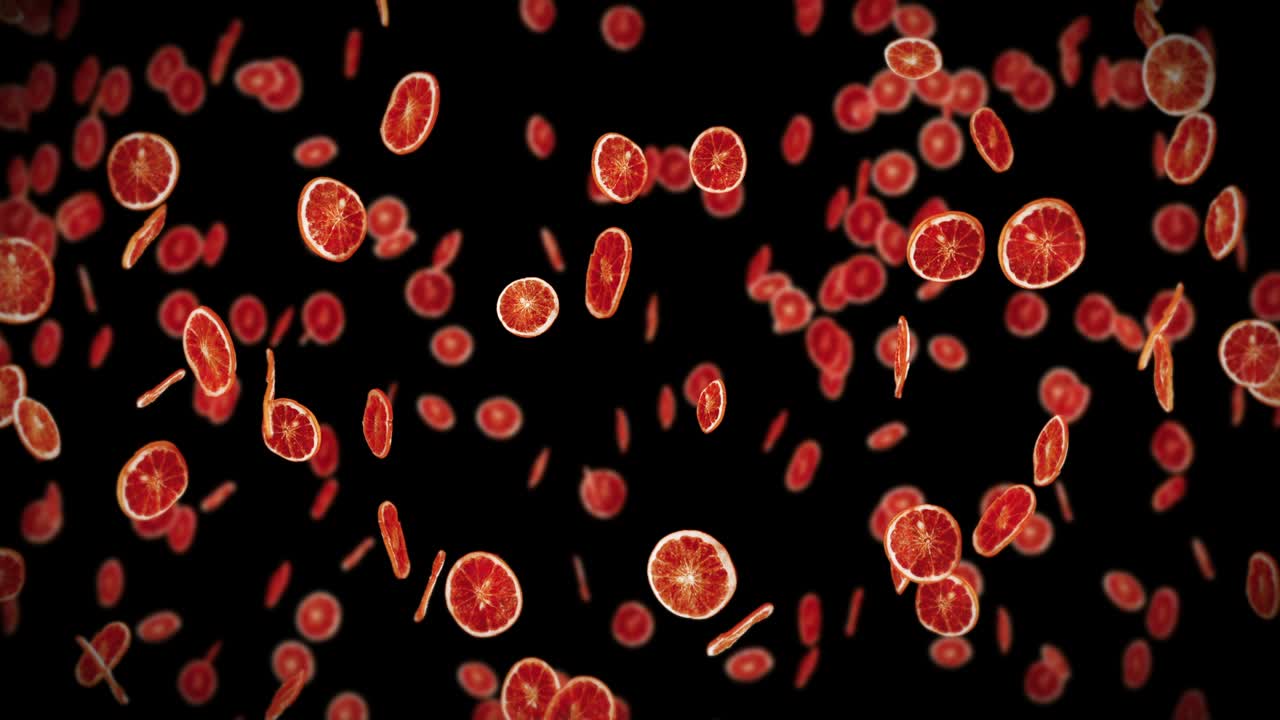 검은 바탕에 많은 건조 오렌지를 날아. 탈수 된 과일, 음식 개념. 3d 애니메이션 조각 된 과일 오렌지 회전. 루프 애니메이션.