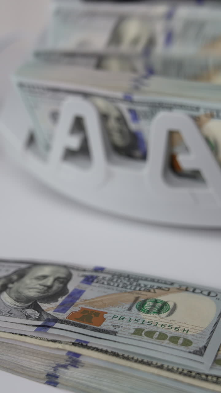 A wad of USD dollars is on the table. One hundred dollar bills are counted in the money machine. Blurred background. Vertical video