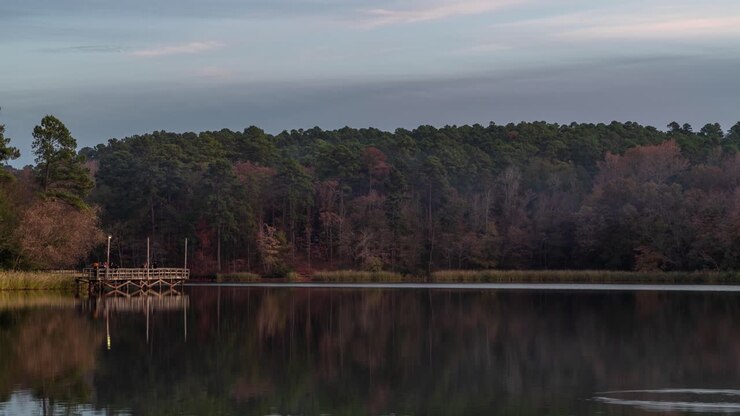 Scena lacustre autunnale con pontile in legno