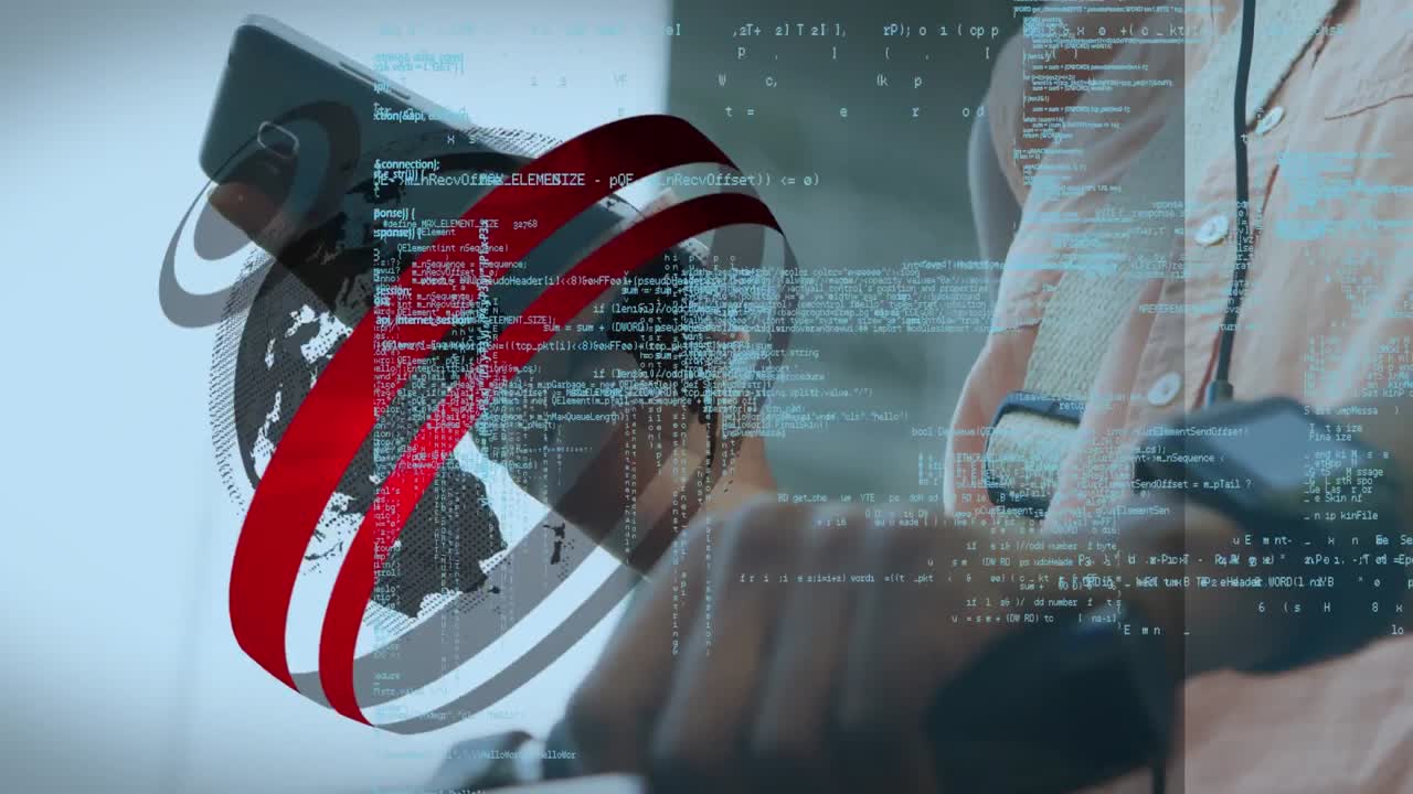 animación de procesamiento de datos y globo sobre mujer afroamericana usando teléfono inteligente