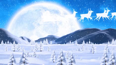 Animation-of-snow-falling-over-santa-claus-in-sleigh-with-reindeer-over-winter-landscape