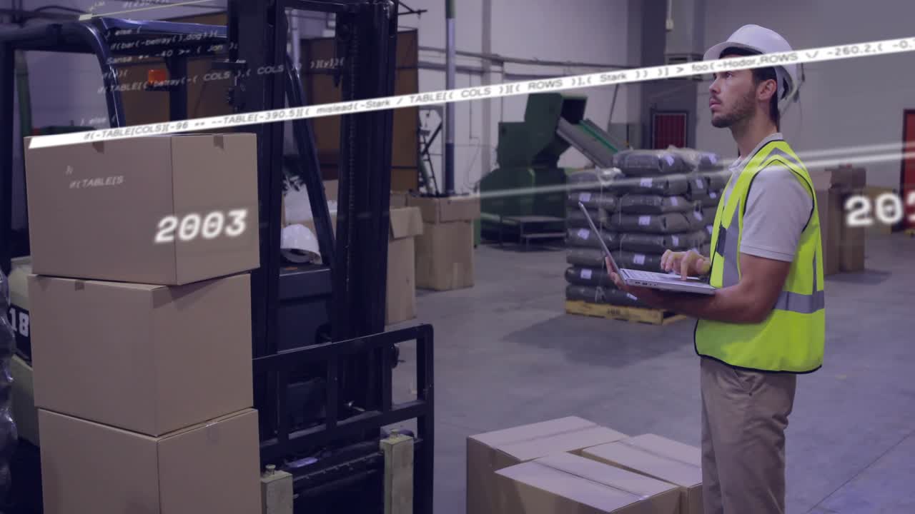 Warehouse worker near forklift tracking box inventory on laptop data overlay mapping years sweeping