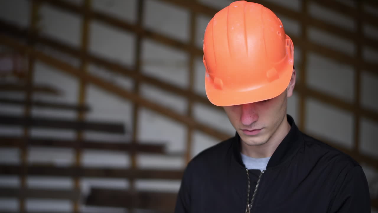 A site manager wearing an orange safety helmet reviewing documents on a construction site