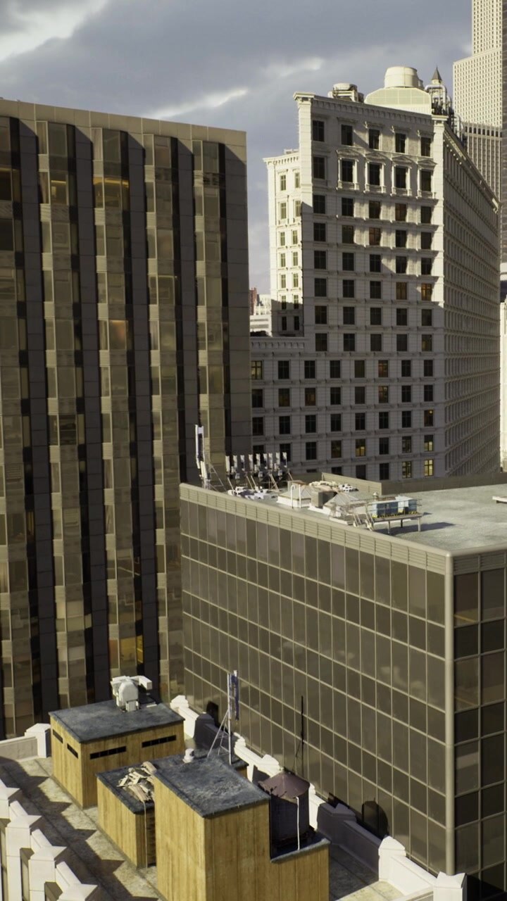 Horizonte da cidade com edifícios modernos e detalhes de telhados em um cenário urbano.