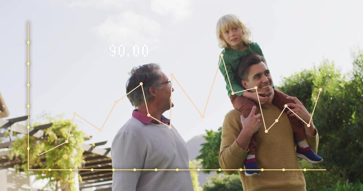 Dad carrying son initiating animated line graph tracking head motion for skeletal tracking tech
