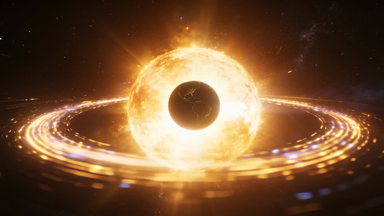Pulsing star driving dark planet silhouette brightening and ring rotating with sparks in deep space