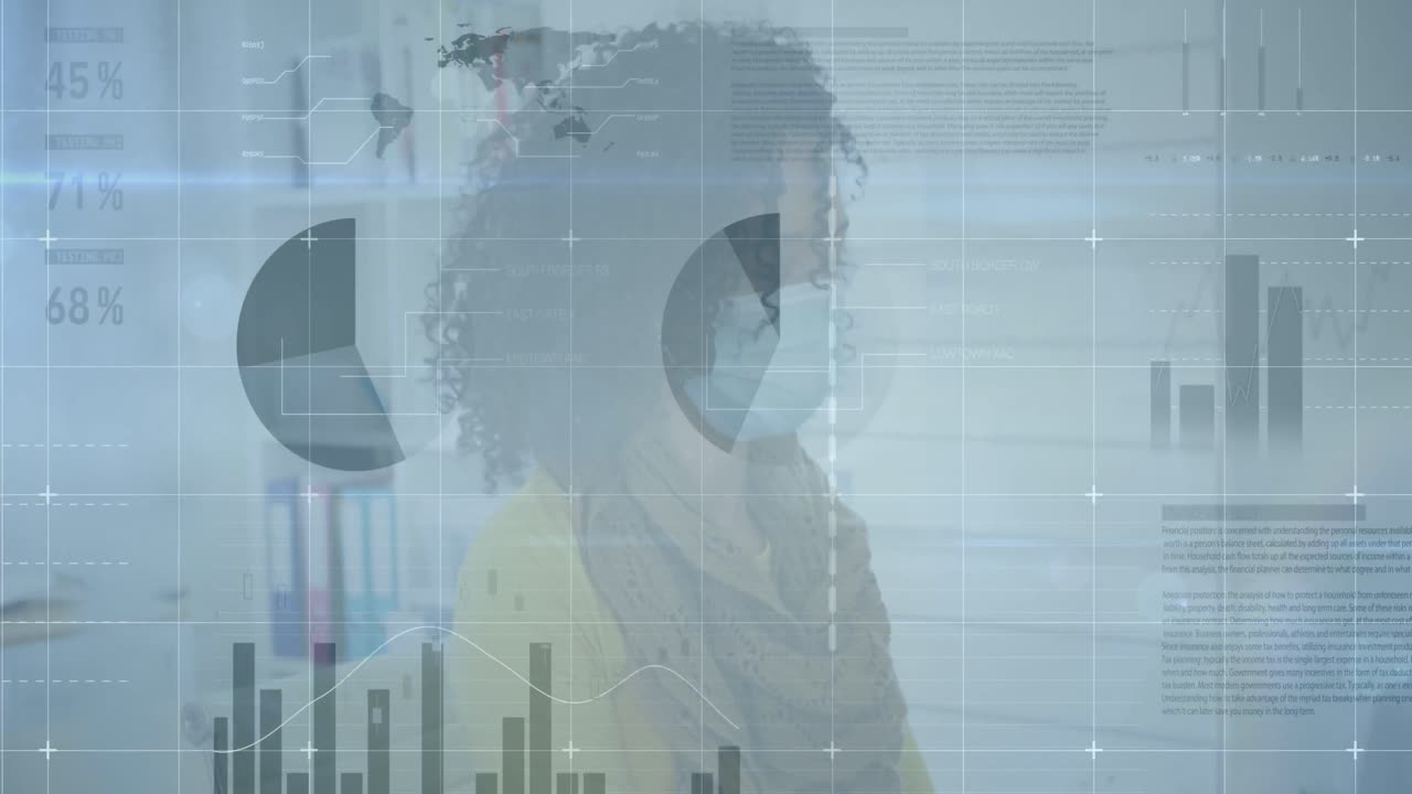 Animation of digital interface showing statistics with woman in office wearing face masks