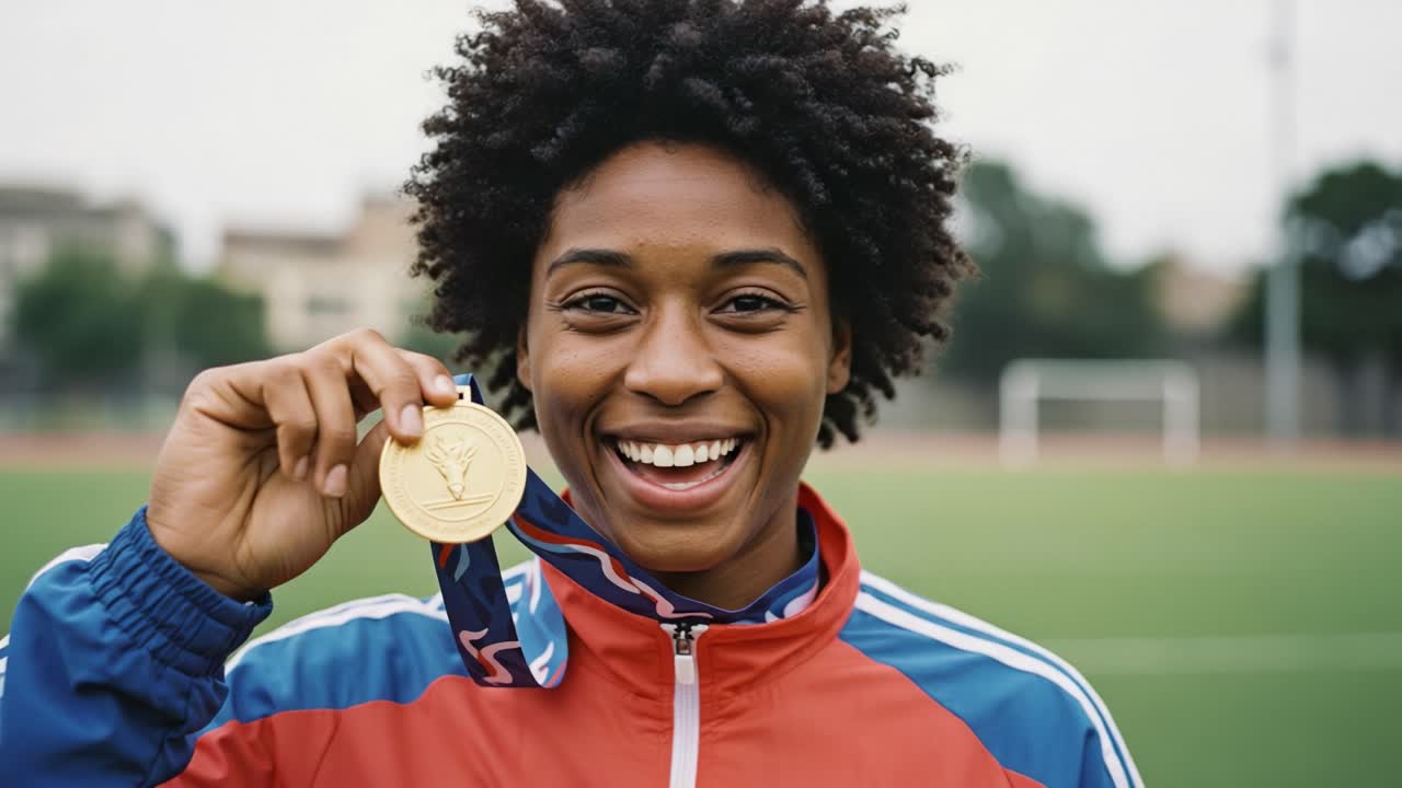 Joyful Athlete Celebrating Victory with Gold Medal: A Moment of Triumph and Achievement on the Sports Field