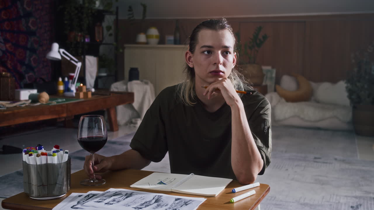 Thoughtful Male Designer Working on Sketches at Table in Studio