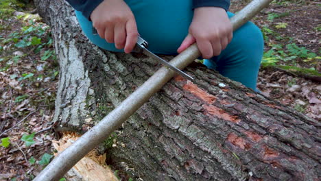 manos de una niña o niño usando un cuchillo suizo, aserrando un trozo de madera en el bosque, nadie-4