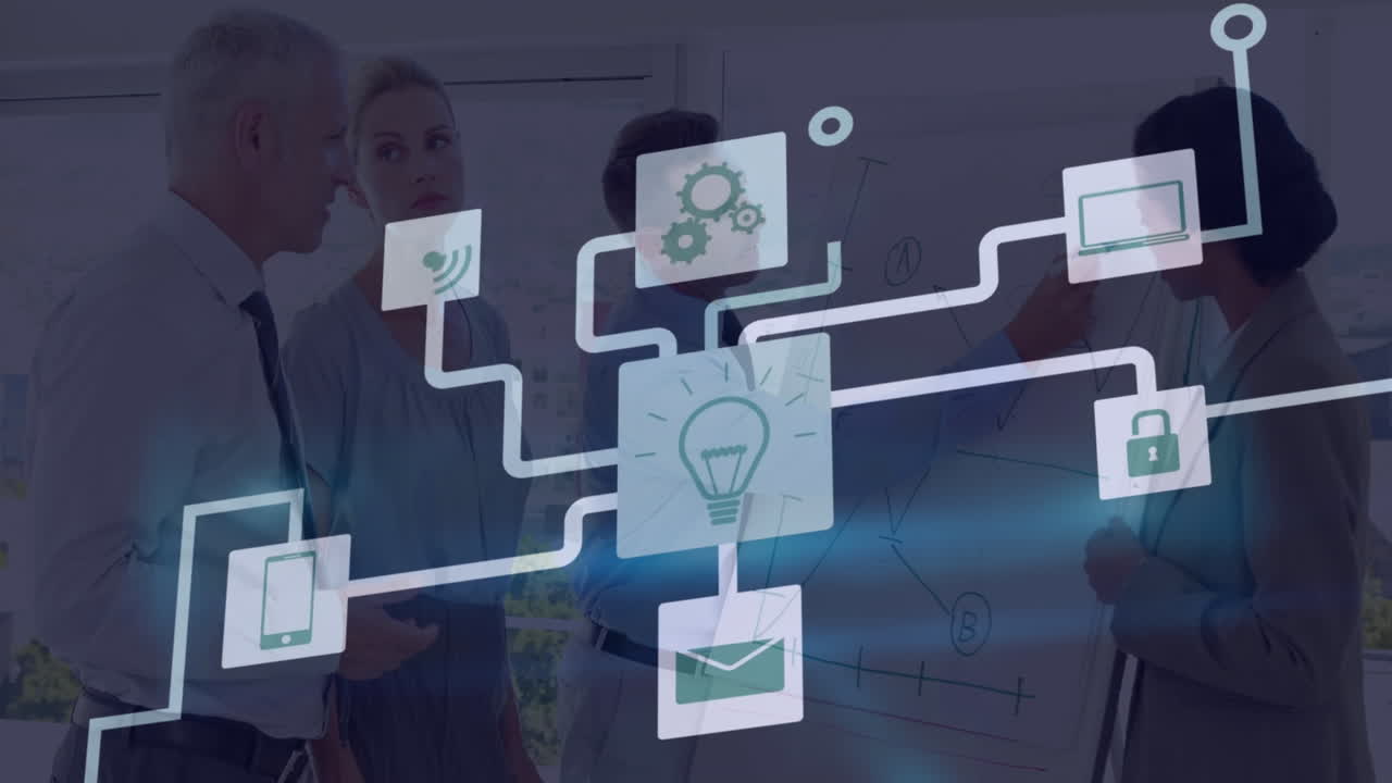 animación de conexiones con iconos y procesamiento de datos sobre personas de negocios