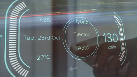 animation of electric car dashboard data processing against close up of a hand holding a smartphone