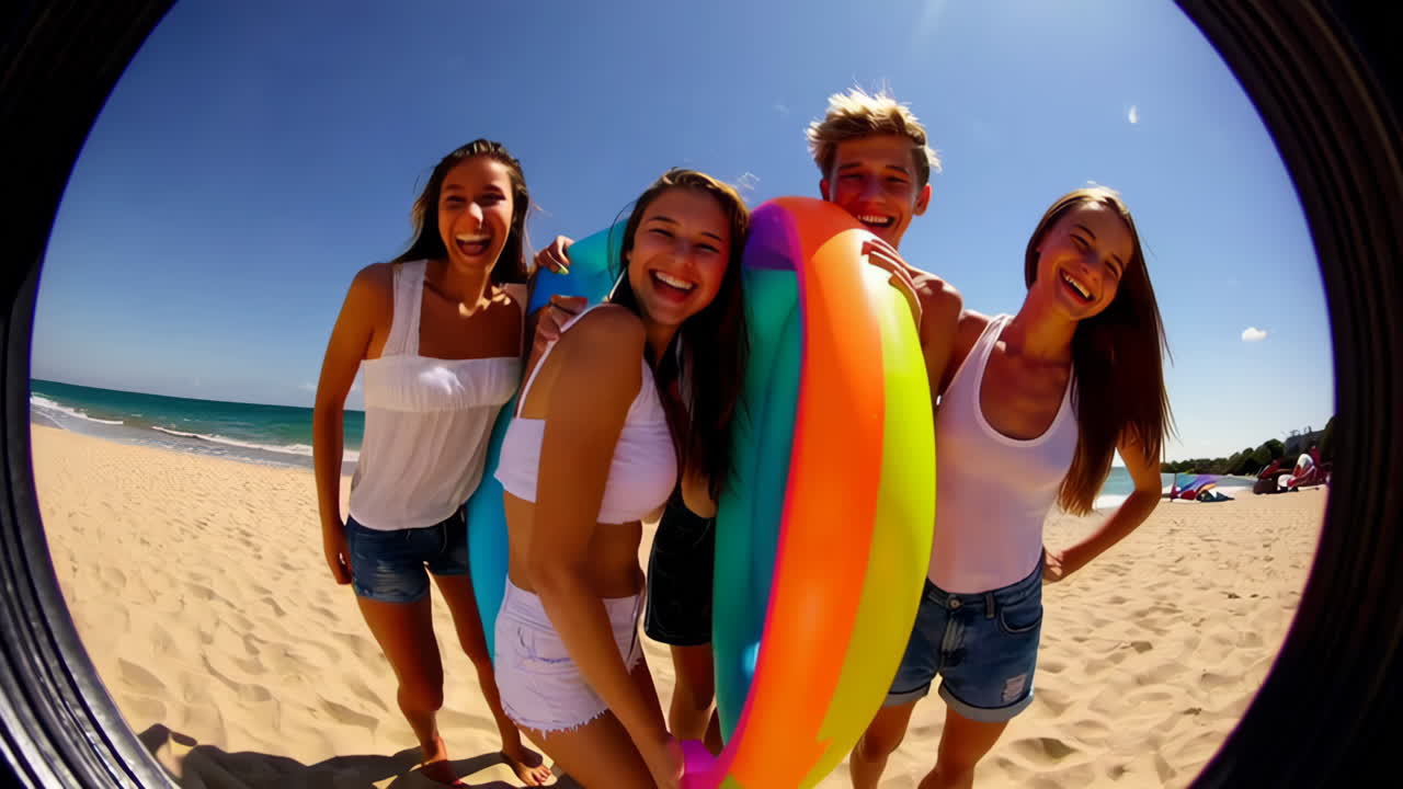 Young people enjoying a fun day at the beach with colorful inflatables