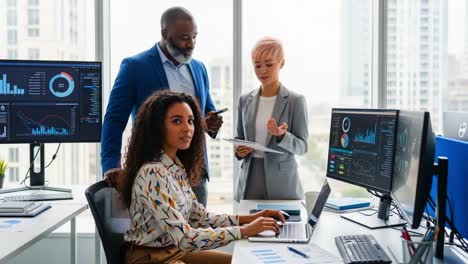 a diverse team collaborates in a modern office space, engaged in business discussions while analyzing data on multiple screens