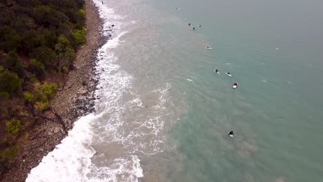 aéreo - tiro de drones rastreando a los surfistas esperando para atrapar olas en tasmania