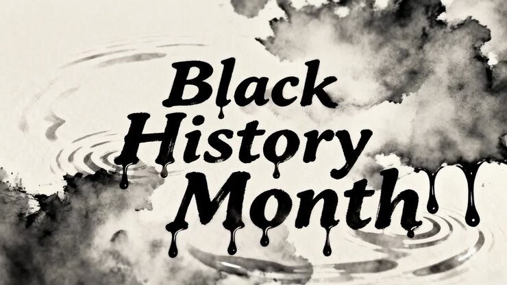 Revealing Black History Month headline on off-white paper with falling droplets, ink blots, drips