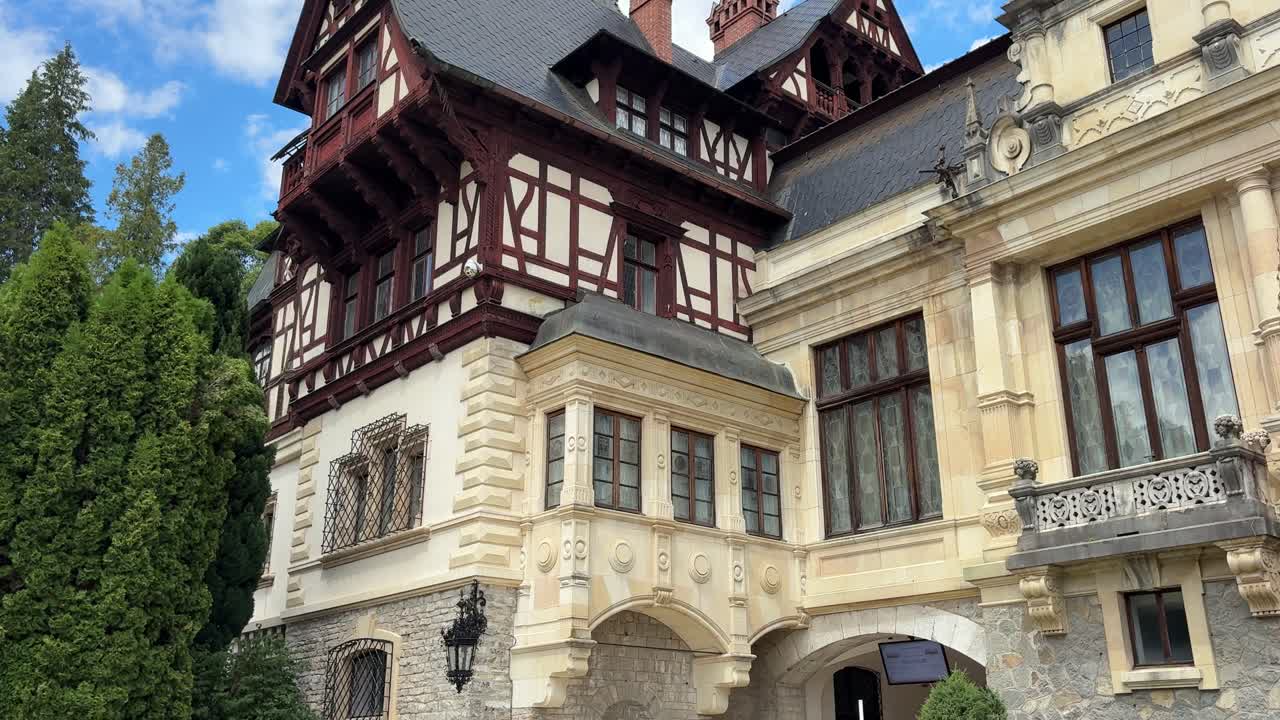 Pelisor castle in Sinaia at day time. Tilt up