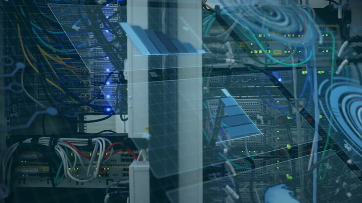 Data processing animation overlaid on server racks and cables in data center