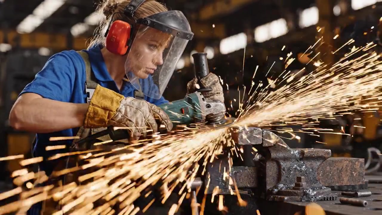 Uma Trabalhadora Qualificada Opera uma Rebarbadora em uma Oficina Industrial, Produzindo Faíscas Enquanto Modela Metal com Precisão e Foco, Exibindo Dedicação ao Ofício