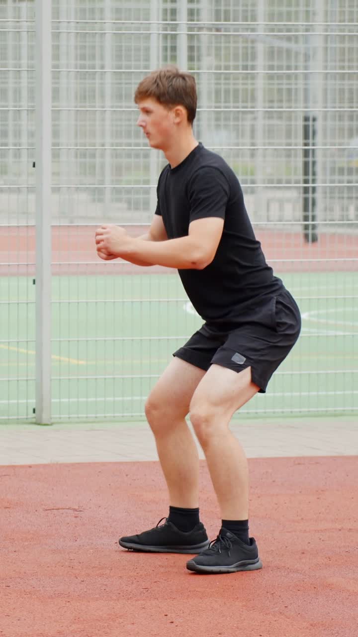 Uomo che fa squat in un campo all'aperto. - Scatto verticale