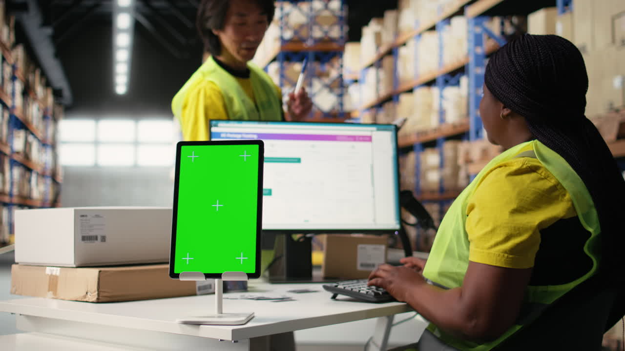 Vertical Video Warehouse employee in a hi-vis vest uses copy space display with technology