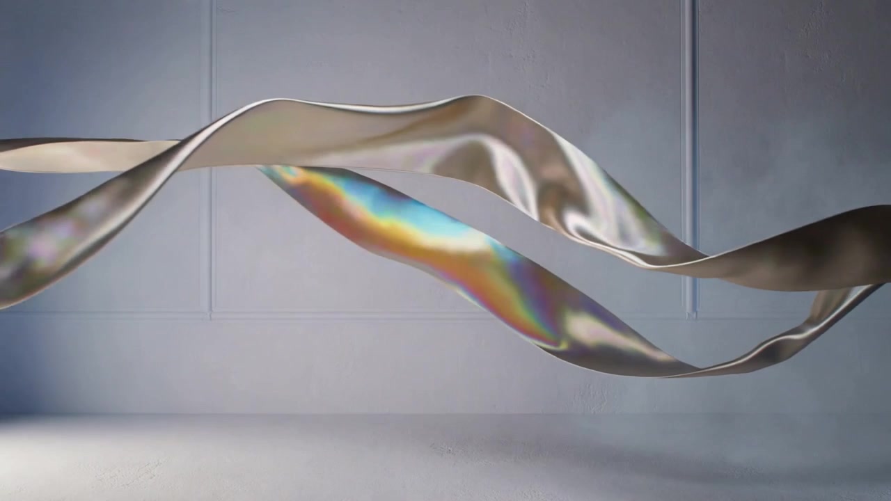 Undulating metallic satin ribbons twisting across paneled wall and smooth floor, airflow moving