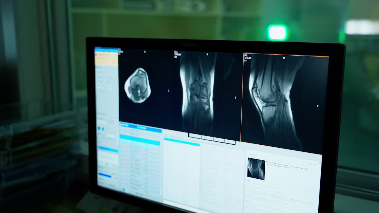 X-ray shots on the monitor. Pictures of patient's bones on the computer on the background of mri machine in the medical control room. Close-up.