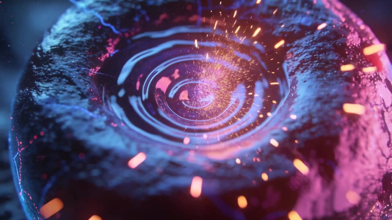 Una scintilla centrale si accende facendo increspare un'orbita craterica ed espellendo scintille dorate sotto un bordo blu magenta