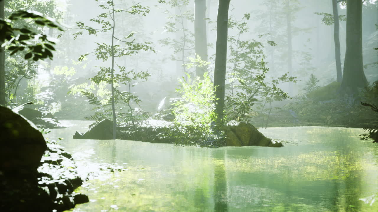 Tranquil forest landscape with serene waters and misty ambiance during dawn