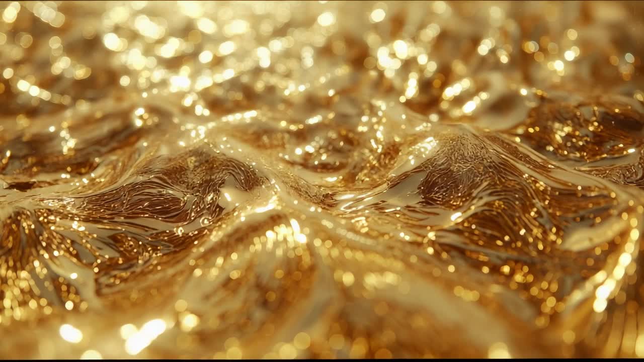 Ripples emerging at frame bottom causing golden fluid undulating in CG scene with glowing particles