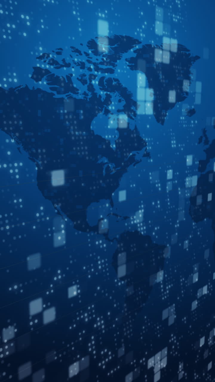 Electronic scoreboard with changing numbers on blue background of world map and flashing dots. Looped motion graphics. Vertical video.